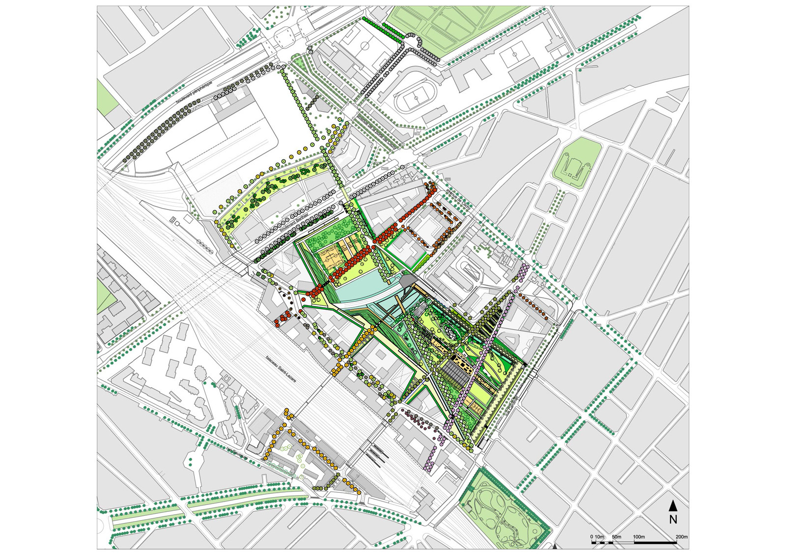 Plan masse of the Clichy-Batignolles eco-district, Paris: Parc Martin Luther King as the central green spine over the former Saint-Lazare rail yard, with the surrounding housing, office and courthouse blocks.